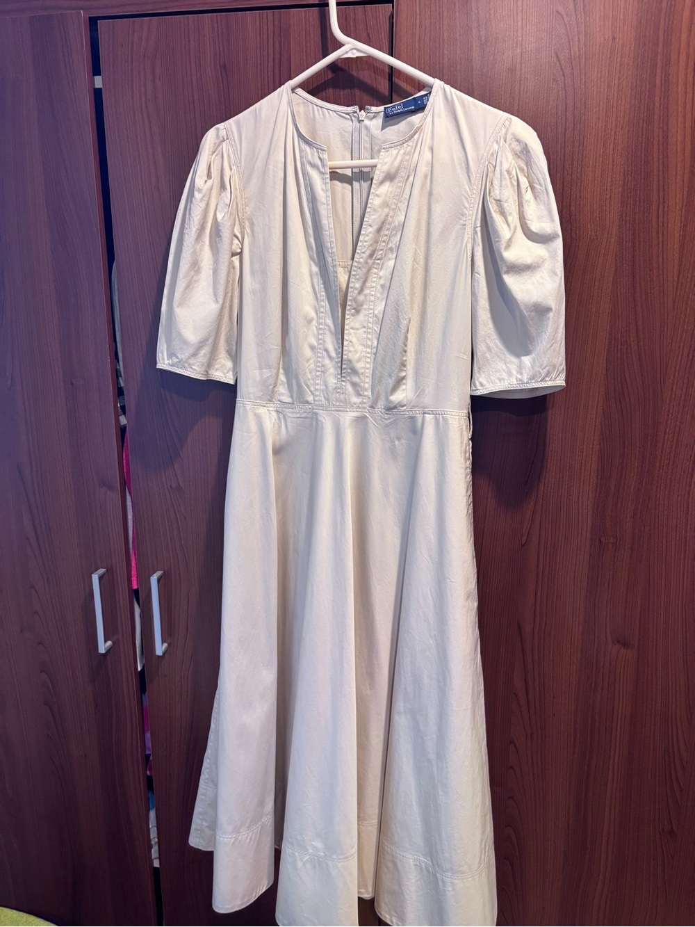 POLO Cream Midi Dress with Puff Sleeves